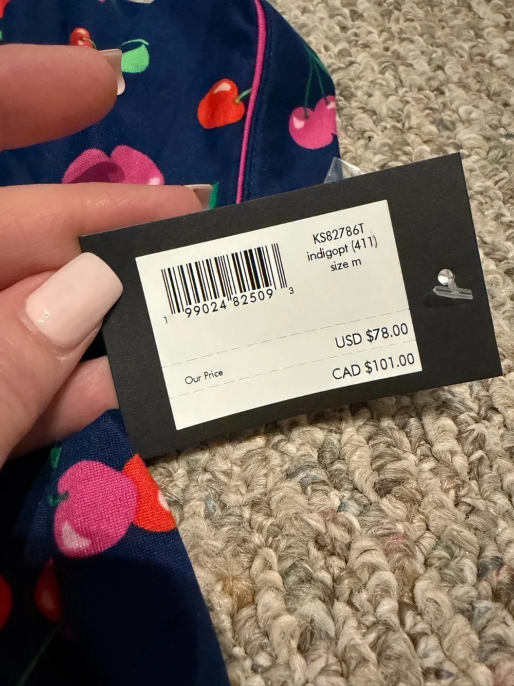NWT Kate Spade Navy Cherry Soft Knit Cropped Pajama Set Size Medium  Retail $78